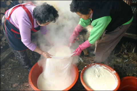 끓인 콩물을 자루에다 넣고 짜낸다. 이때 자루에 남는 게 콩 비지다 